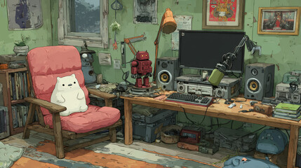 Computer game streaming studio. Vector cartoon illustration of lounge room with desktop pc, microphone, round led lamp, smartphone for streaming, armchairs, books and toy robot on shelf, wall poster