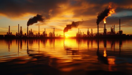 Silhouetted refinery at sunset reflecting in calm water, emitting smoke and pollution