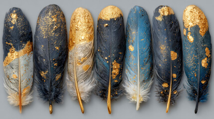 Black feathers with gold glitter isolated on transparent background. Vector realistic set of golden colored bird or angel quills, soft fluffy plumes with yellow sparkles