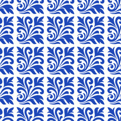 Seamless floral pattern in folk art style featuring traditional blue and white design with leaf motifs and symmetrical reflections