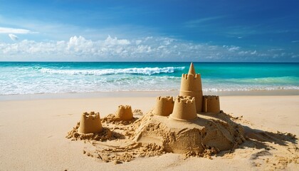 Naklejka premium building sandcastle on a hotel beach with the turquoise ocean waves gently rolling in the background