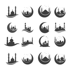 Islamic Mosque and Crescent Designs Illustrating Religious and Cultural Significance
