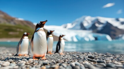 A group of Gentoo penguins stands on a rocky shore with a breathtaking glacier in the background, showing the beauty of wildlife and nature in a vibrant, icy landscape.