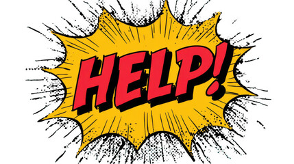 Red help. Text bursting out of a yellow jagged comic style speech bubble with a distressed edge and halftone effect, conveying a sense of urgency and distress against a transparent background