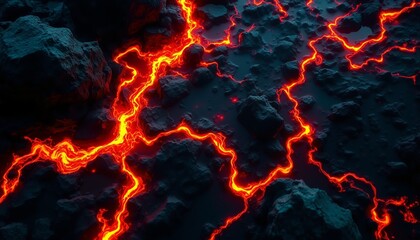 Molten Magma Flows Like Binary Code On Obsidian Surface, Fiery Digital Genesis