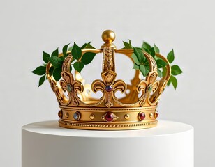 corona de oro con hojas en soporte redondo