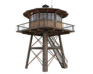 Elevated Lookout Tower with Wooden Structure and Observation Platform Isolated on White Background