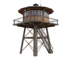 Elevated Lookout Tower with Wooden Structure and Observation Platform Isolated on White Background