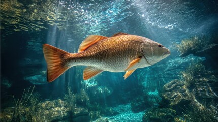 Naklejka premium A fish swims in an underwater habitat.