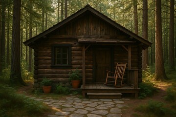 Cozy Rustic Cabin Surrounded by Pine Trees with Stone Pathway