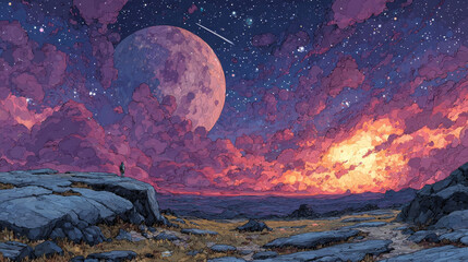 Space landscape cartoon illustration with rocks and craters, large alien planet on horizon. Fantasy scene of mysterious stars, satellite and meteors in purple sky. Astronomy science. Cosmic background
