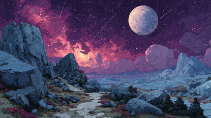 Space landscape cartoon illustration with rocks and craters, large alien planet on horizon. Fantasy scene of mysterious stars, satellite and meteors in purple sky. Astronomy science. Cosmic background