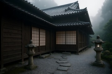 Serene Japanese House with Wooden Elements and Garden Path