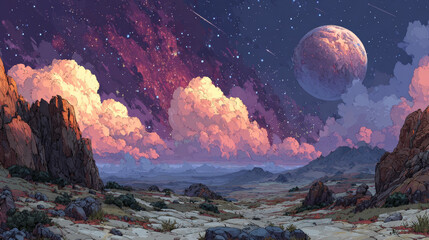 Space landscape cartoon illustration with rocks and craters, large alien planet on horizon. Fantasy scene of mysterious stars, satellite and meteors in purple sky. Astronomy science. Cosmic background
