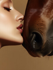 Intimate Close-Up of Woman’s Face Touching a Horse’s Nose with Elegant Lighting