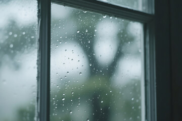 Naklejka premium Raindrops on a window pane, blurring the view outside