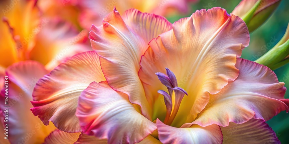 Poster close-up view of a delicate, vibrant flower with ruffled petals showcasing a gradient of soft pink a