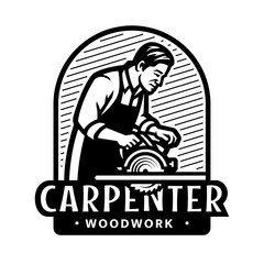 Carpenter with circular saw logo, emblem.