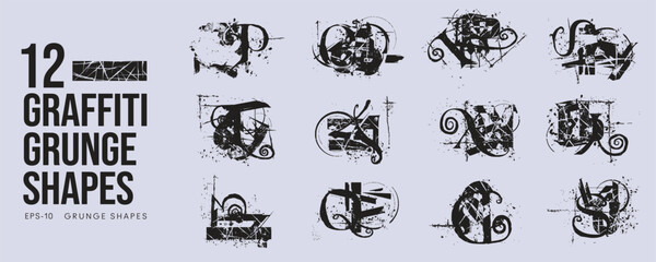 Grunge Graffiti Halftone Texture Elements Set Abstract Geometric Shapes. Ink Spray Horror Borders. Glitch Distortion.  Noise Overlay And Distressed Vector Effects