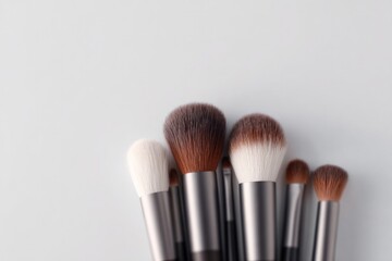 collection of professional makeup brushes displayed on sleek white background