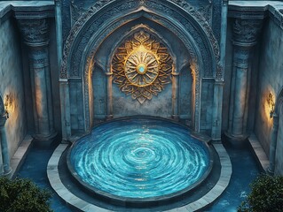 Obraz premium Mystical pool sanctuary with decorative archway and rippling turquoise water