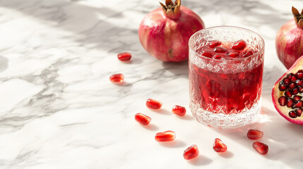 Pomegranate juice and fresh pomegranate on a white background.