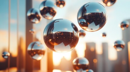Stunning collection of reflective spheres floating against a vibrant sunset backdrop captures the essence of abstract beauty, color, and modern urban aesthetics in a surreal way.