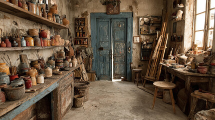 Abandoned art studio room interior. Vector cartoon illustration of old artist workshop with damaged furniture, cracked sculptures and painting canvas on dusty shelf, cobweb on walls, wooden easel