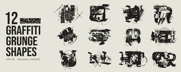 Obraz premium Grunge Graffiti Halftone Texture Elements Set Abstract Geometric Shapes. Ink Spray Horror Borders. Glitch Distortion. Noise Overlay And Distressed Vector Effects