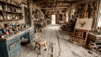 Abandoned art studio room interior. Vector cartoon illustration of old artist workshop with damaged furniture, cracked sculptures and painting canvas on dusty shelf, cobweb on walls, wooden easel
