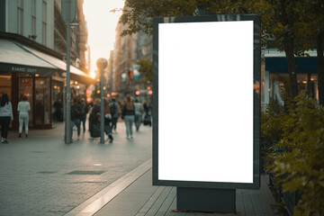 Blank vertical billboard on modern bus shelter in city street, realistic scene with soft sunset lighting and cinematic shallow depth of field


