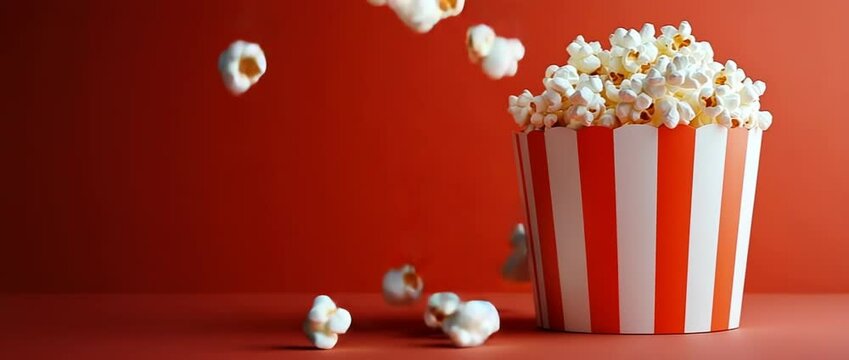 close up striped popcorn box on vibrant red background, classic cinema snack concept