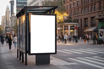Blank vertical billboard on modern bus shelter in city street, realistic scene with soft sunset lighting and cinematic shallow depth of field

