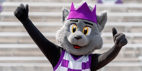 dynamic angle, action shot of mascot posing triumphantly 