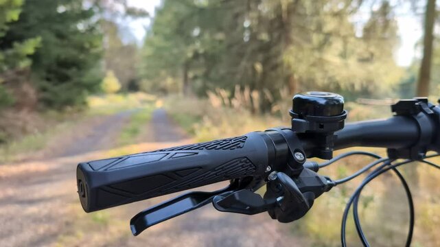 Focused closeup on a handlebar of a bike facing a blurry pathway through a forest on a sunny day