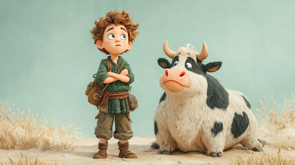 Cute teenage kid boy with thoughtful face emotion standing near cow head on blue sky background. Cartoon vector illustration of funny little confused child with brown cattle milk farm animal.