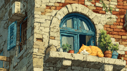 Sweet home with cat sleep on balcony cartoon landing page. Pet relax outside of house. Calm kitten lying on banister at brick wall facade with arched window, domestic animal life Vector illustration