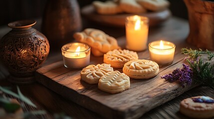 Assorted bright biscuits with candles on a wooden table cozy ambiance