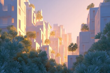 futuristic 3d illustration showcases harmonious blend of urban architecture and greenery seamlessly integrating into