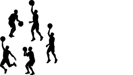 Silhouette illustration of six man basketball players in dynamic action poses.
