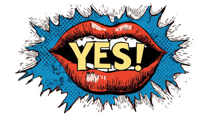 Open red lips are shouting the word yes in a comic book style with a jagged blue border and transparent background, conveying enthusiasm and agreement