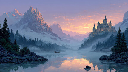 Fantasy medieval castle on rock at morning. Vector parallax background for 2d animation with cartoon mountain landscape with magic royal palace , forest and lake with fog and boat