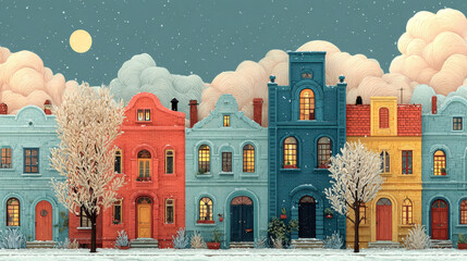 City street with houses at night and morning. Vector template for mobile phone screensaver with time and weather. Smartphone background theme with cartoon cityscape