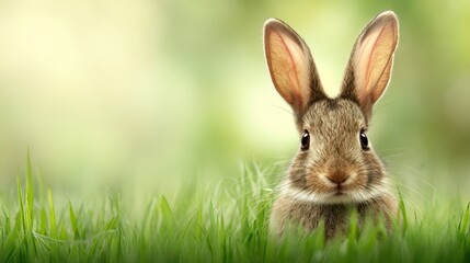 Fototapeta premium A small, adorable rabbit nestled in fresh green grass.