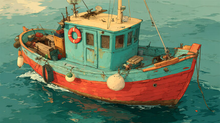 Fish trawler boat in sea vector marine background. Commercial fishery ship with lifebuoy in ocean water cartoon vector illustration. Empty nautical adventure game for catching food equipment in river.