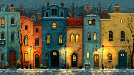 City street with houses at night and morning. Vector template for mobile phone screensaver with time and weather. Smartphone background theme with cartoon cityscape