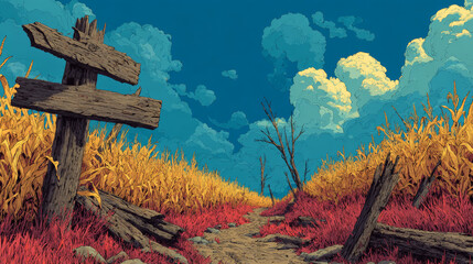 Cornfield day landscape with wooden road pointers and high green plants. Choice of way concept with signposts pointing on path fork. Labyrinth, maze, choosing direction, Cartoon vector illustration