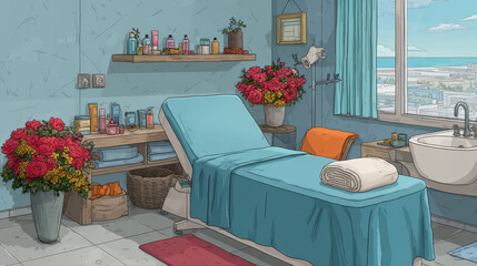 Cartoon spa salon interior design with furniture. Vector cartoon illustration of empty room with massage table, towels, cosmetics, aroma sticks on shelves, blooming orchid flower in pot. Beauty salon