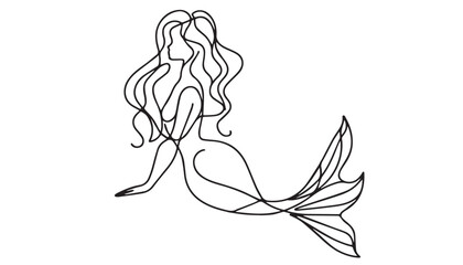 Continuous one single minimal line drawing mythological mermaid