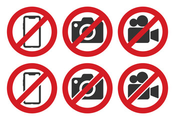 No Photographing prohibition sign symbol icon. No Video, photo, phone not allowed, prohibited logo pictogram. Vector illustration. Isolated on white background.